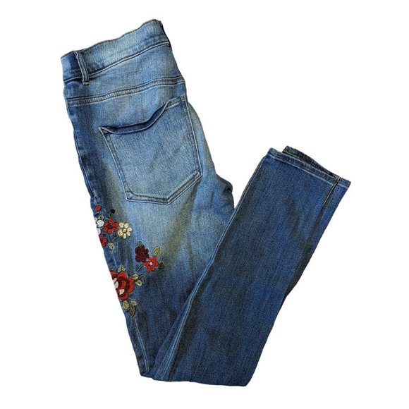 Express Women's Blue Belt Looped Straight Leg Flower Denim Jeans Size 6R - Picture 2 of 3